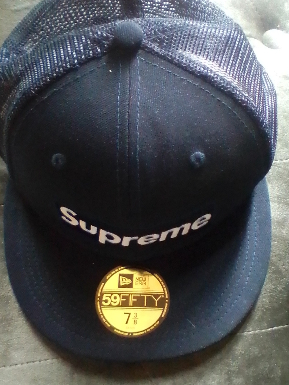 Supreme Navy and White Logo Mesh Cap